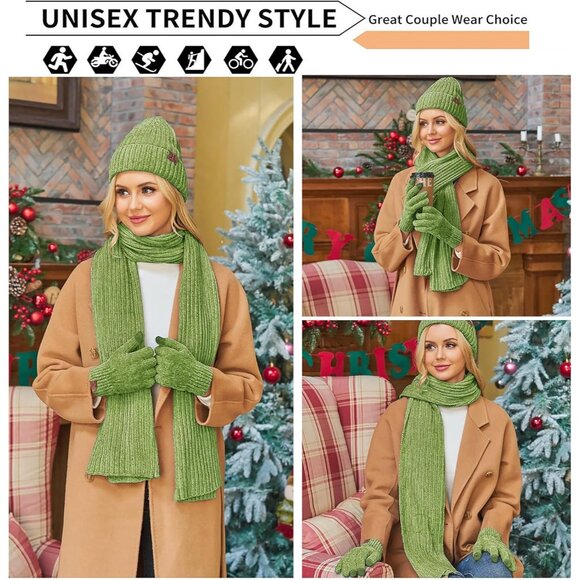 Winter Beanie Hat Scarf Gloves Set for Women and Men Green Warm Knit Gift Idea - Picture 5 of 6